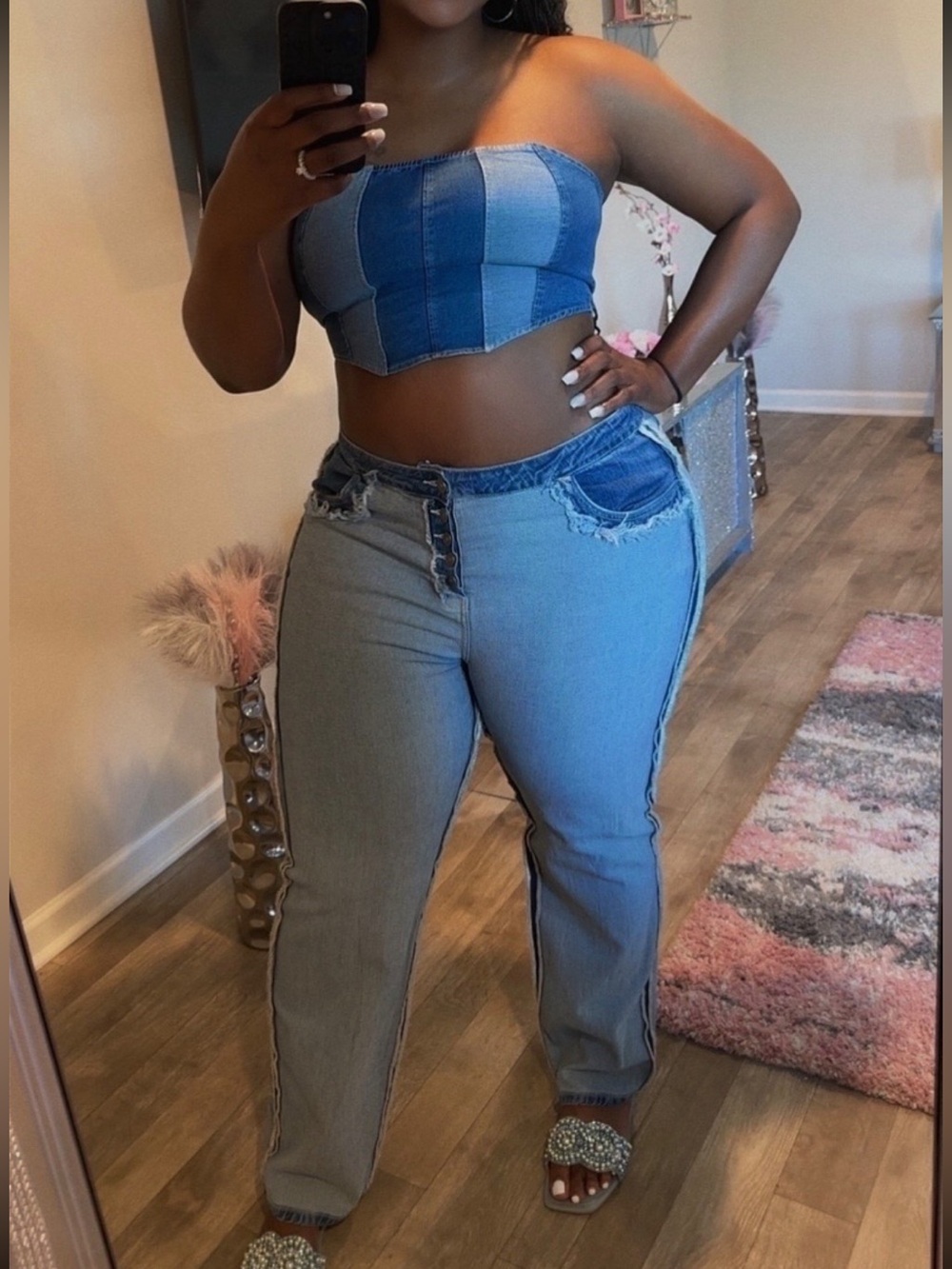 Denim Patchwork High-Rise Jeans and Denim Crop Top